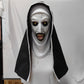 Detail of a horror nun latex mask showing carved wrinkles and pale skin