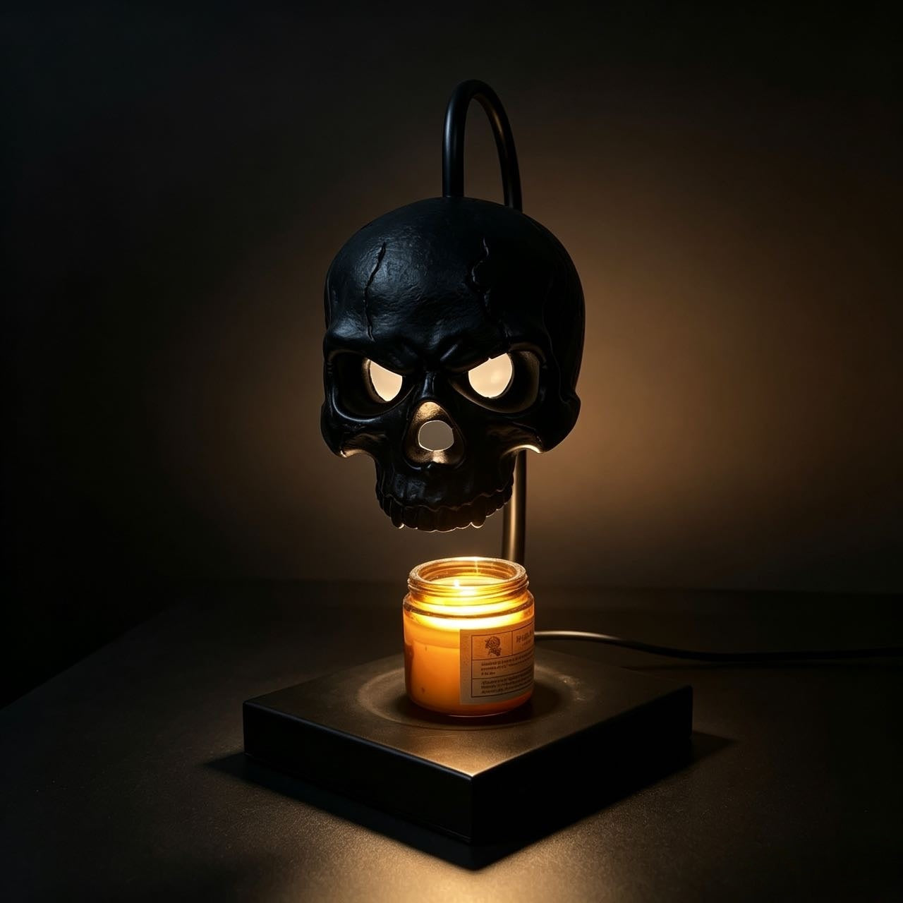 Black skull warmer lamp beside its packaging, presented as a gothic gift with a warm glow