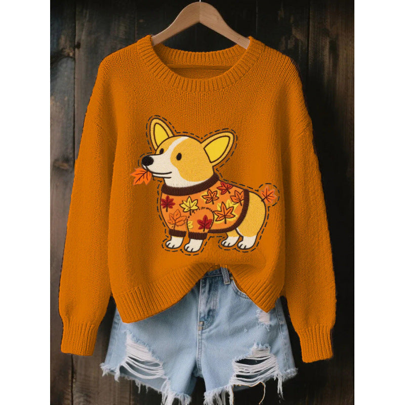 Orange womens 3D print knit look pullover top with an autumn corgi motif, product photo