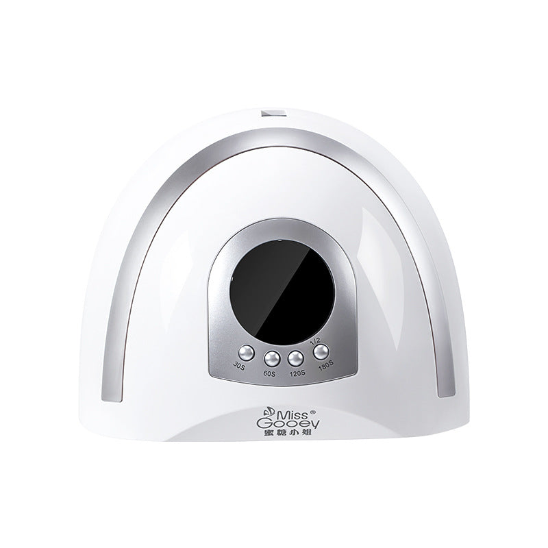 White nail lamp with silver trim and digital display shown from the front, white with AU plug option