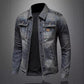 Styled look of the blue men's jacket paired with denim trousers