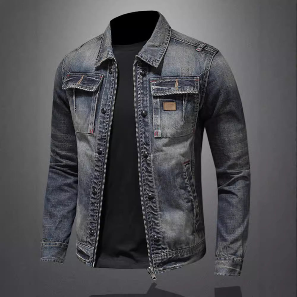 Styled look of the blue men's jacket paired with denim trousers