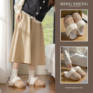 Woman wearing tweed look slippers with a faux fur cuff beside two close up photos of the slippers
