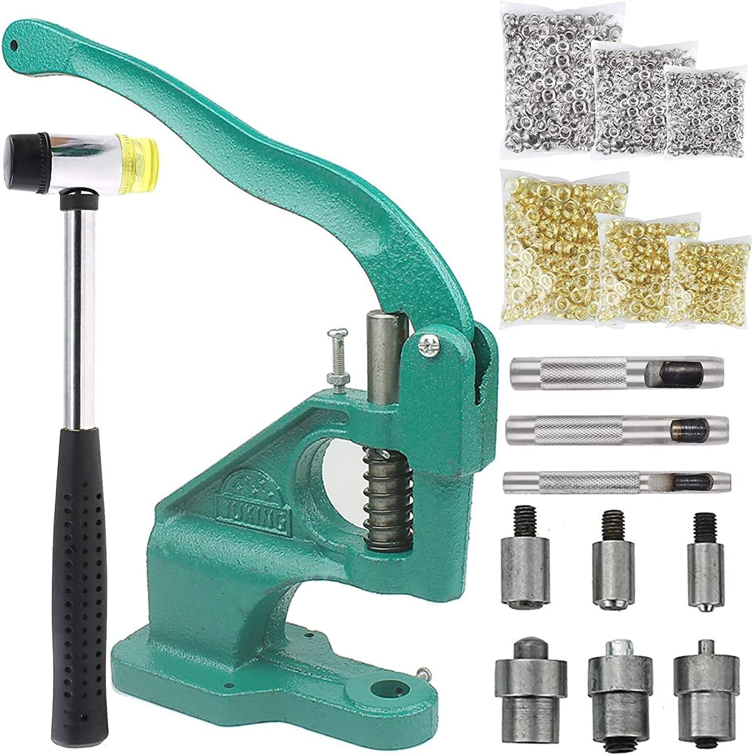 Green cast iron manual grommet press hole punch tool kit with dies, pins, grommets and mallet