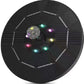 Top view of a round black solar fountain panel with colored LED beads around the central spray head