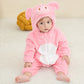 Pink pig hooded flannel baby jumpsuit with snout hood and front zip, option 70cm