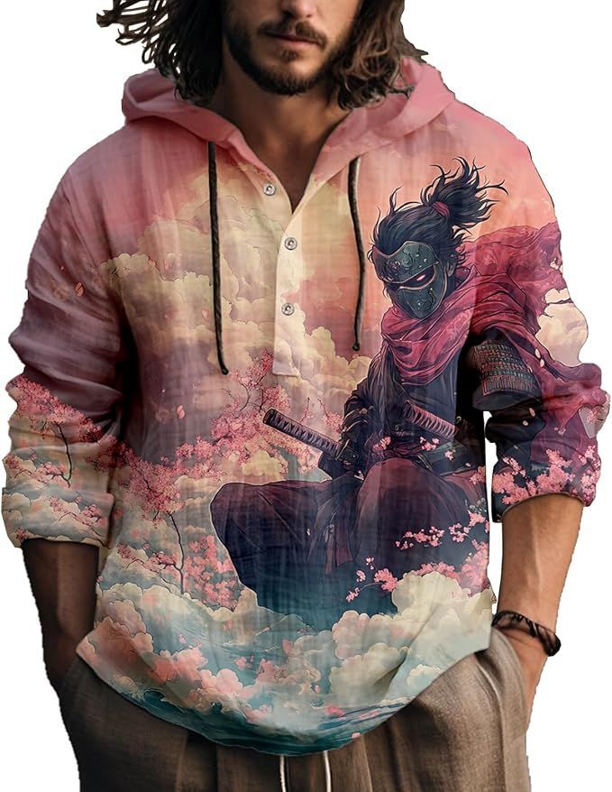 Hooded henley shirt, pink shirt with a masked warrior in clouds, size M