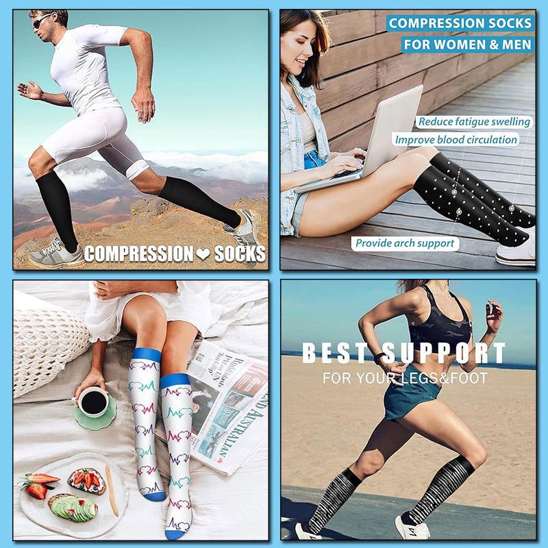 Compression socks worn while running, working at a desk and relaxing at home