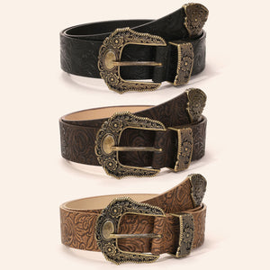 Coiled vintage floral tooled belts in black, brown and tan with ornate antique brass pin buckles
