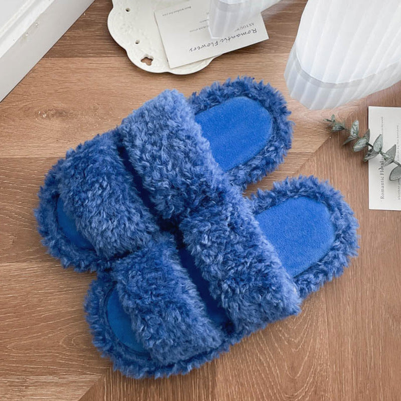 Cream white double band open toe lamb plush slipper for warm indoor wear