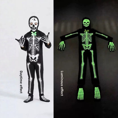 Black skeleton jumpsuit with a skull hood, green bow tie and bone gloves, white by day and glowing green in the dark