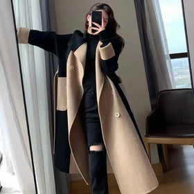 Women's Loose Fit Colour Block Wool Blend Winter Coat