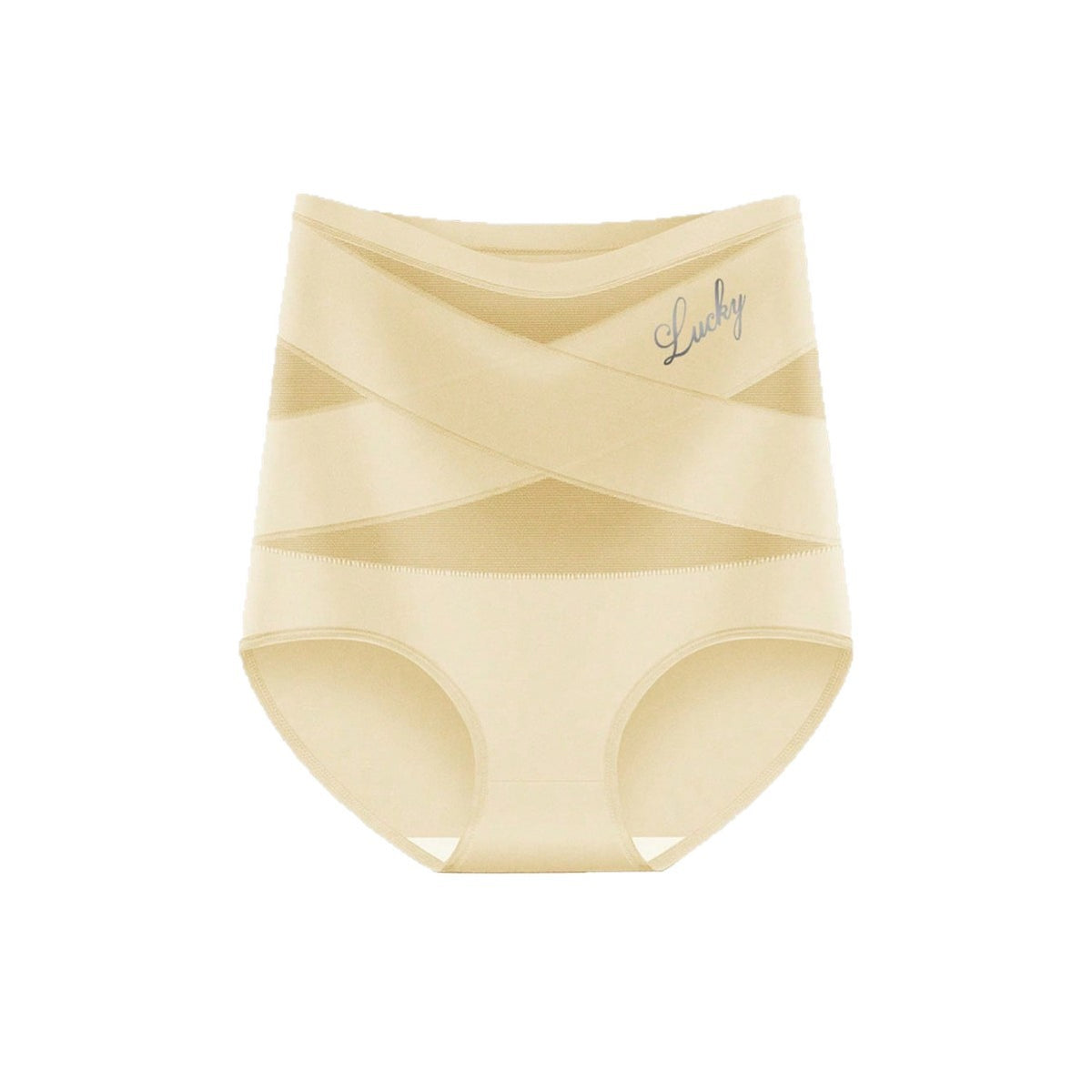 Seamless high waisted brief shown on a model with the crossed mesh front detail