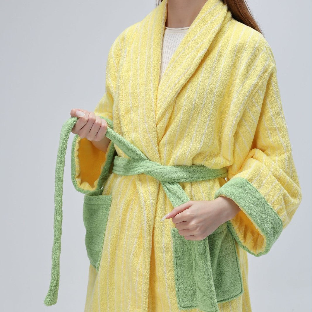 Yellow striped cotton terry bathrobe with green contrast trim, tie belt and patch pockets
