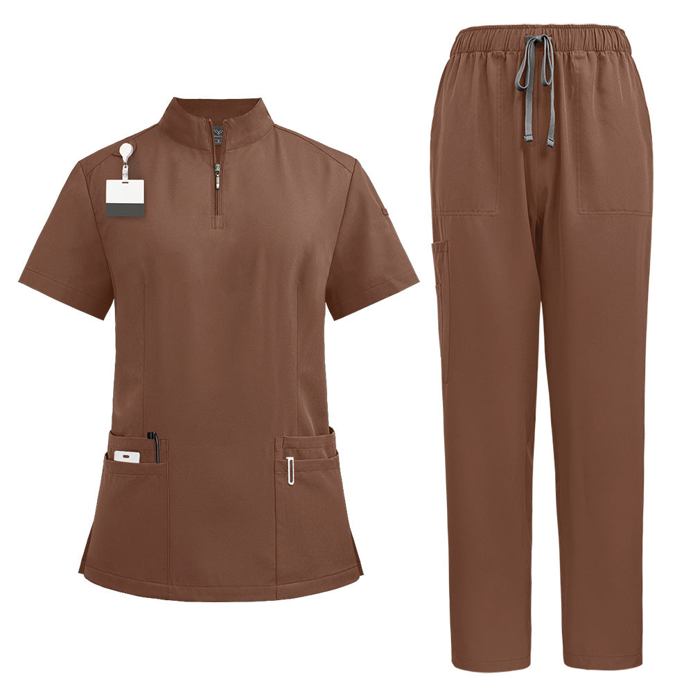 Detail of the scrub top hemline and side split
