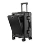 Black hardside case open at the front, ribbed shell and four double spinner wheels