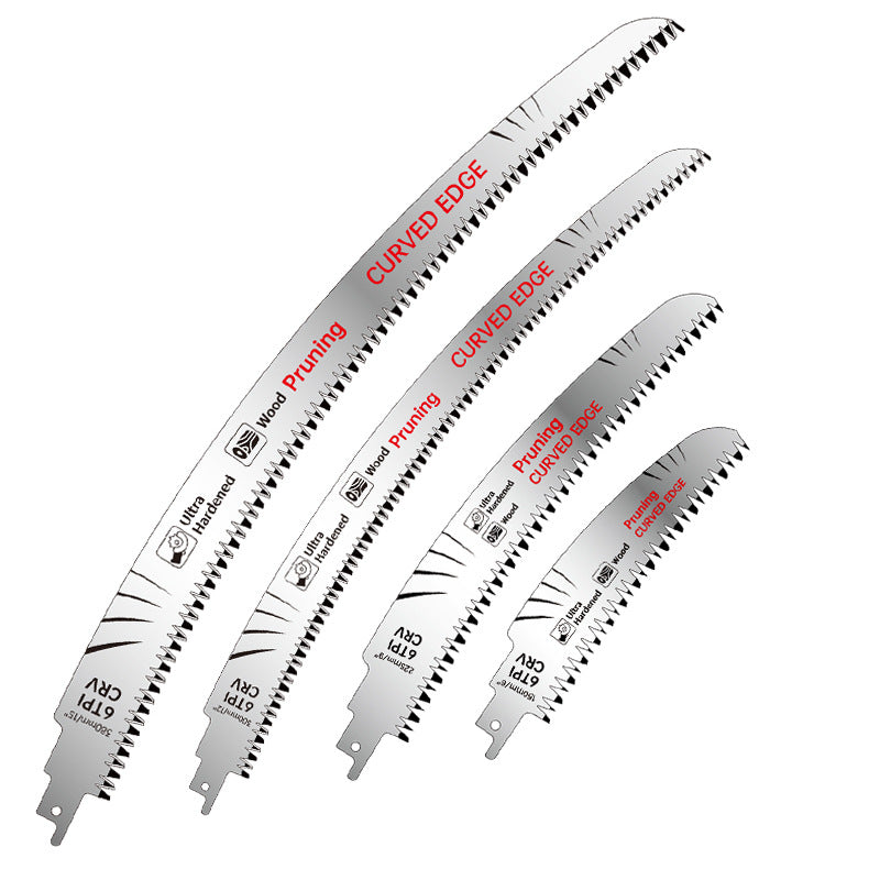 Four curved silver reciprocating saw blades of different lengths, each marked 6 TPI CRV curved edge