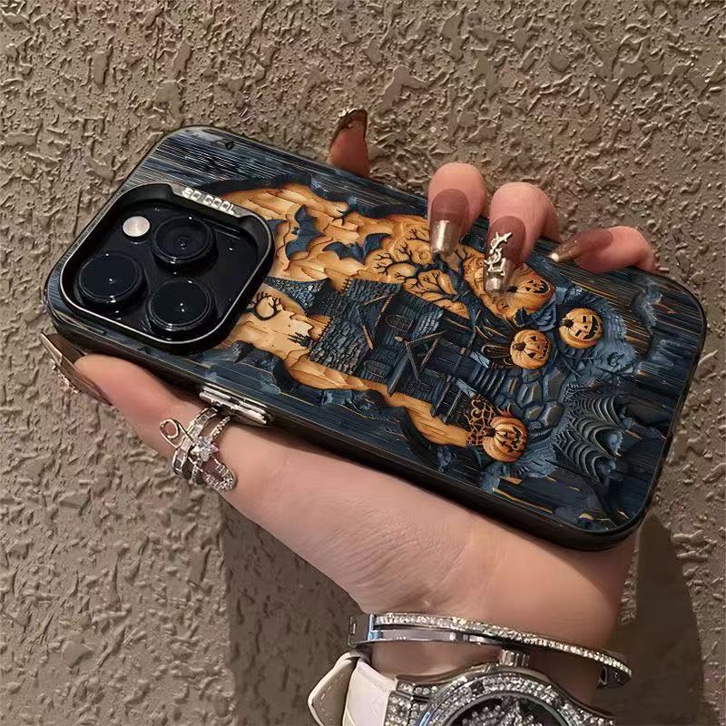 Halloween printed iPhone case with a black camera frame held sideways against a stucco wall