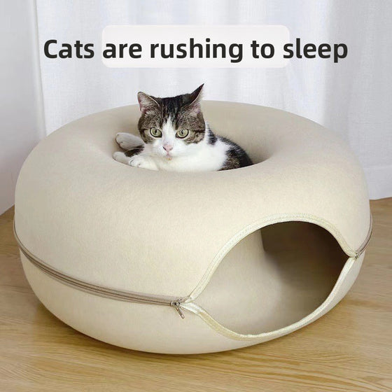 Double Layer Felt Cat Nest with Zipper Tunnel