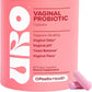 Angled shot of the 60 capsule URO probiotic bottle on a bathroom shelf setting