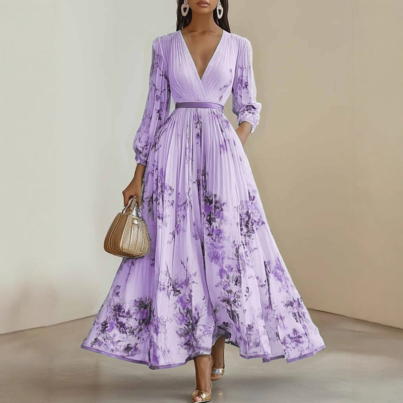 Floral print V neck pleated maxi dress full skirt and contrast trim hem detail