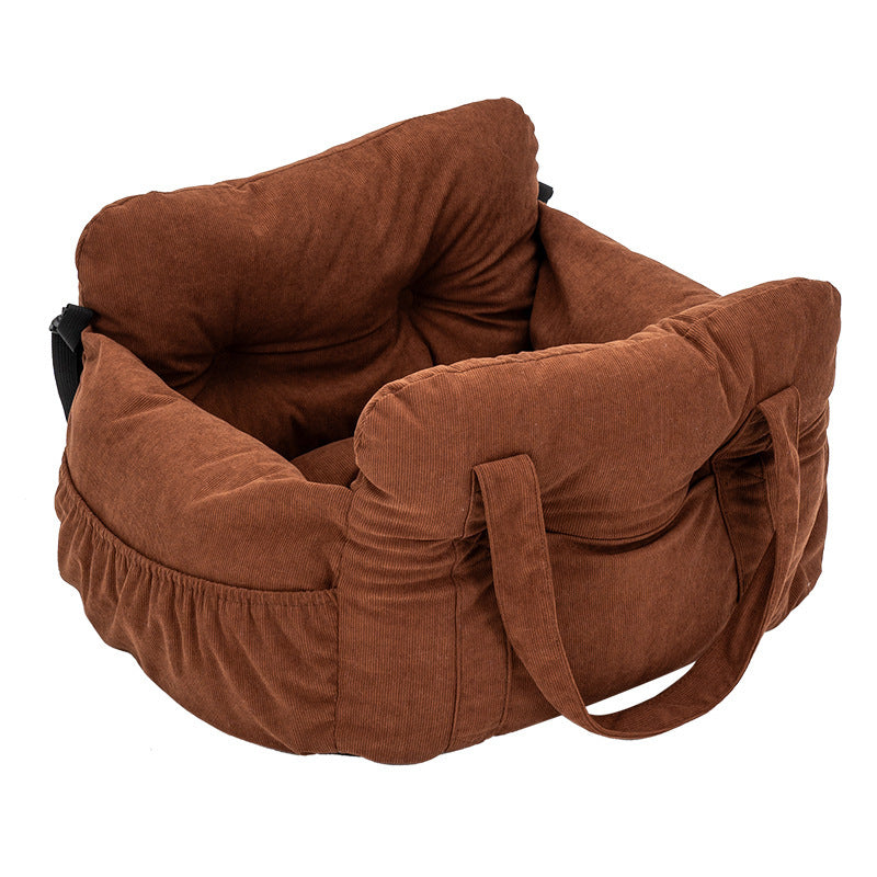 Padded car seat pet bed with raised bolster walls, carry handles and an inner clip in a blue striped colourway