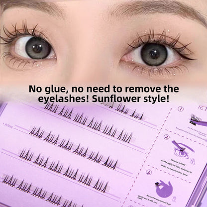 Model wearing glue free self adhesive lower false eyelashes in the Sunflower style