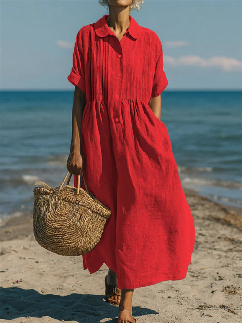 Soft focus lifestyle scene with the cotton linen dress