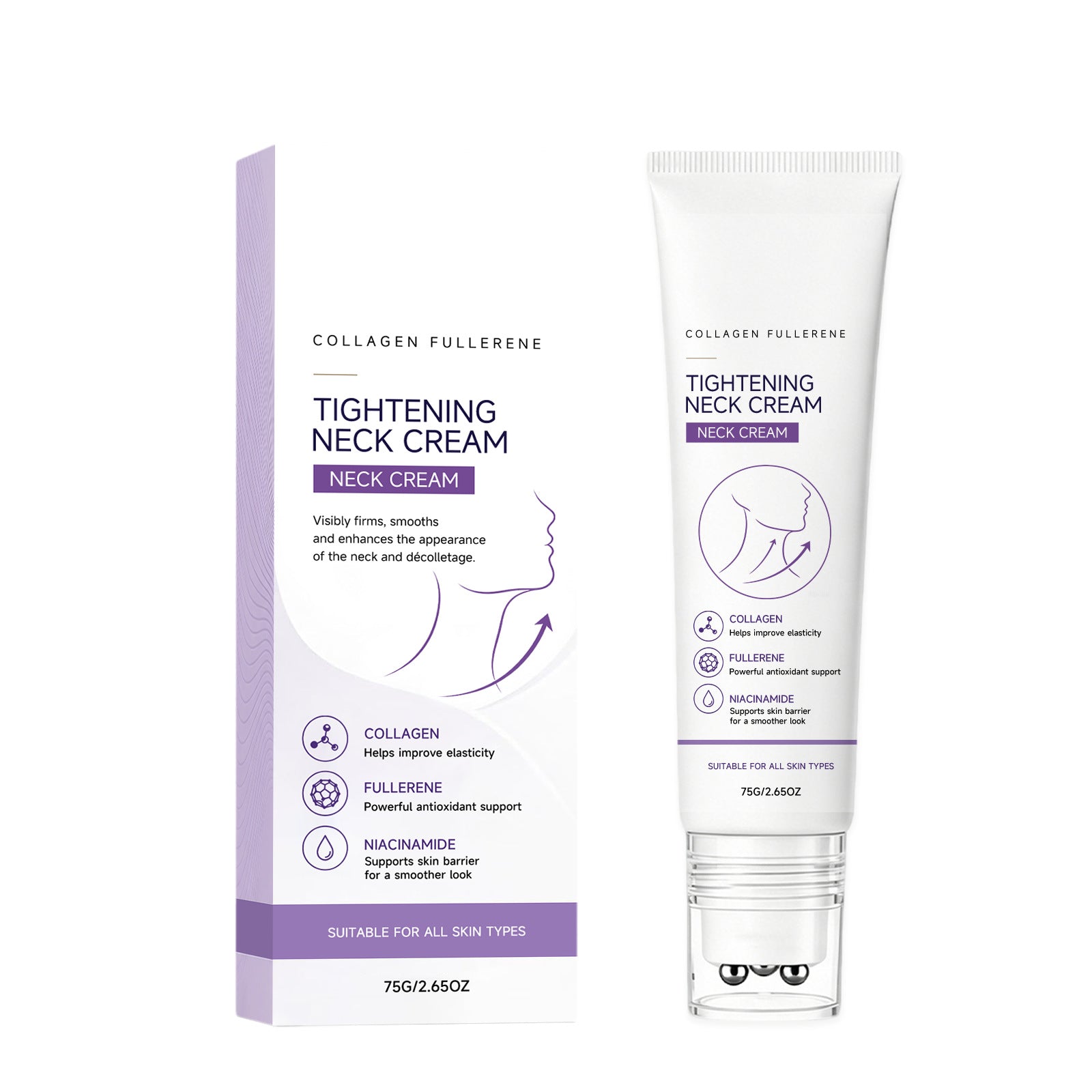 White neck cream squeeze tube with rollerball cap standing beside its purple print carton