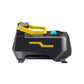 Side view of a black and yellow electric air pump with a yellow carry handle and a digital screen on the top