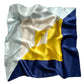 Light blue navy and yellow color block printed square scarf with a satin sheen and hemmed edges, shown displayed