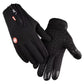 Pair of black touchscreen gloves with wrist zipper, red logo patch and silicone palm grip on white