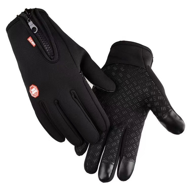 Pair of black touchscreen gloves with wrist zipper, red logo patch and silicone palm grip on white