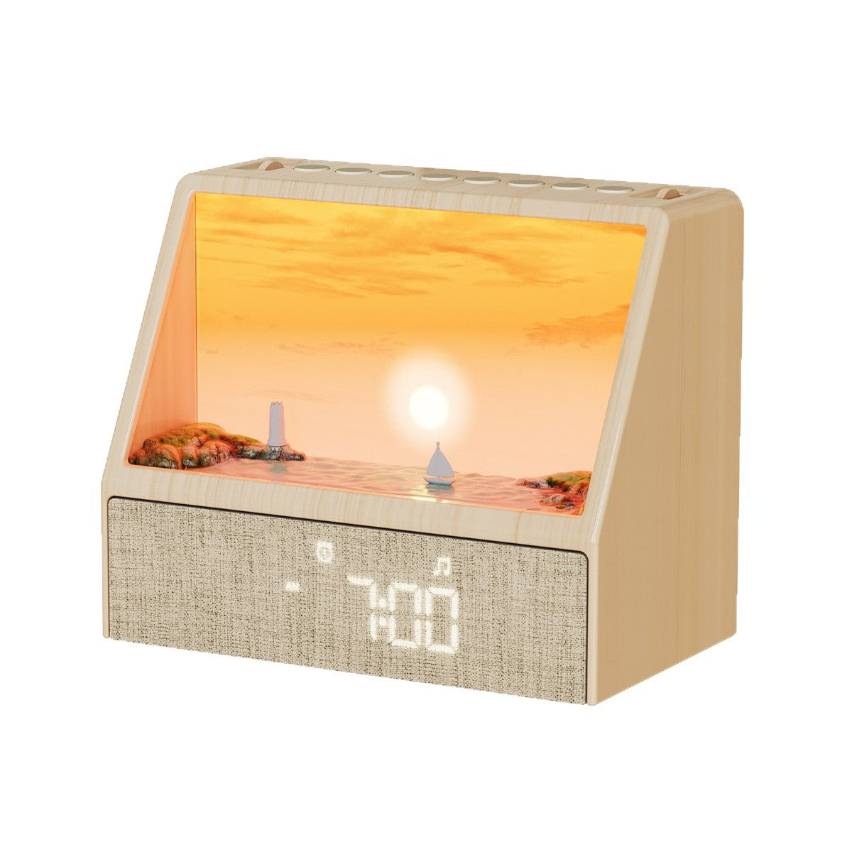 Sunrise wake up light showing the glowing sunset panel used as a warm bedside night light