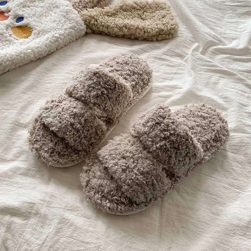 Open toe two band plush slide slipper worn indoors for warm home wear