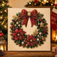 Christmas wreath diamond painting with a red bow and poinsettias, option D01