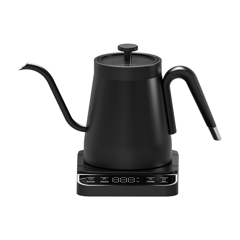 Black gooseneck electric kettle seen from the front on white, glass lid and lit base panel visible