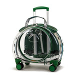 Transparent green pet carrier on wheels with a round capsule shell, green trim and a telescopic handle