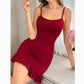 Red heart mesh camisole nightgown front view, adjustable spaghetti straps and gathered ruffle mini hem