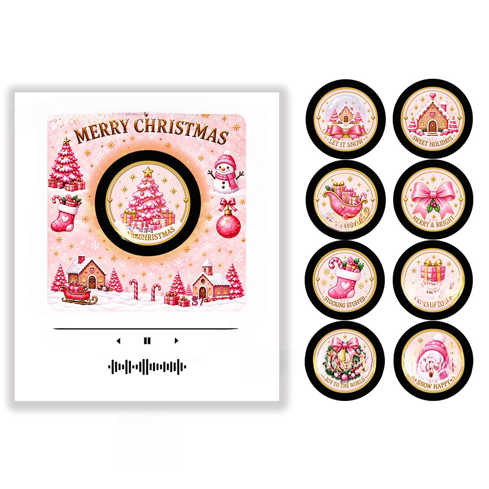 Pink Merry Christmas scene with a pink tree and eight round discs, option photo for Christmas S7