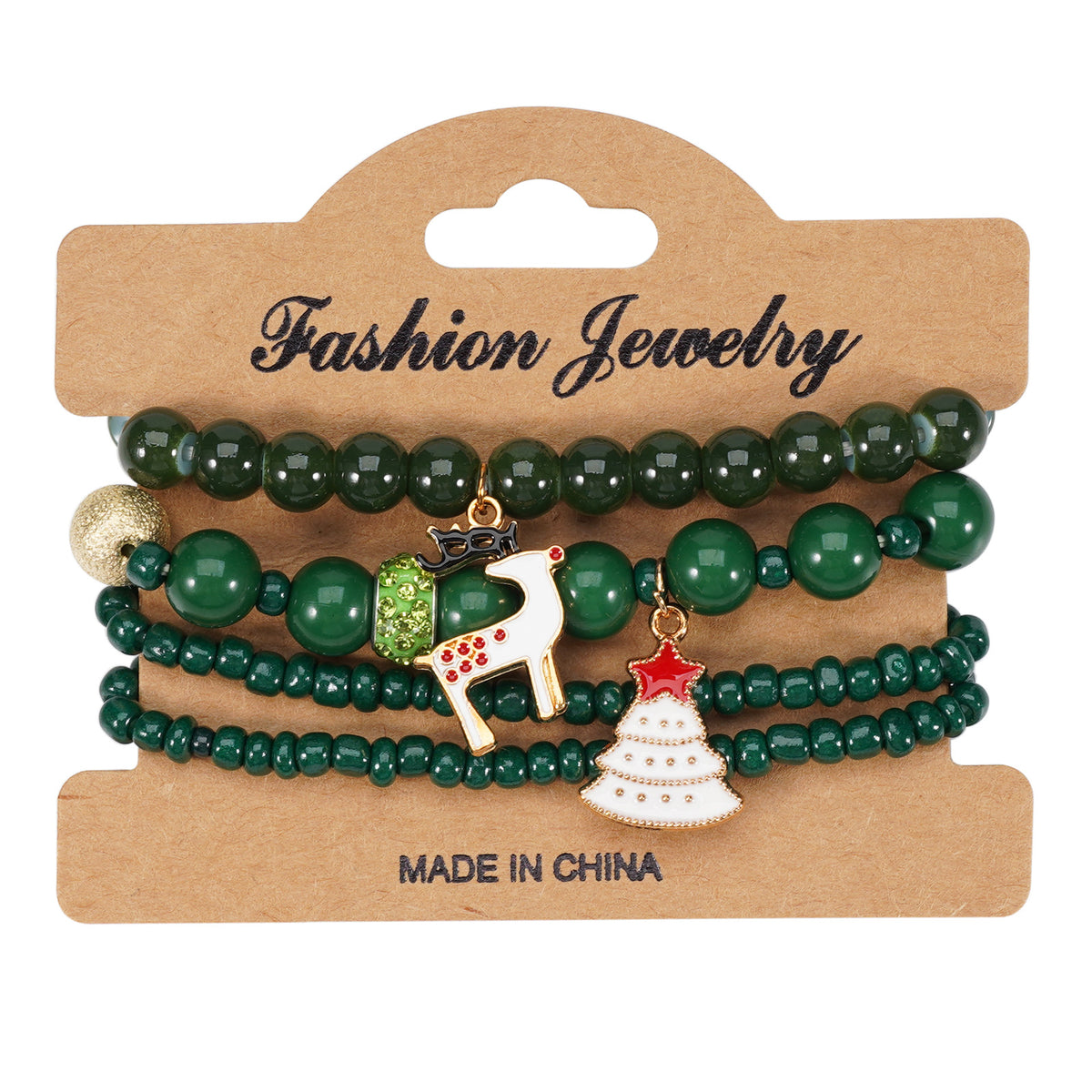 Green Christmas bracelet set on a Fashion Jewelry card with a reindeer charm and a Christmas tree charm