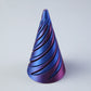 Blue and purple gradient spiral cone printed in PLA with visible layer lines on grey