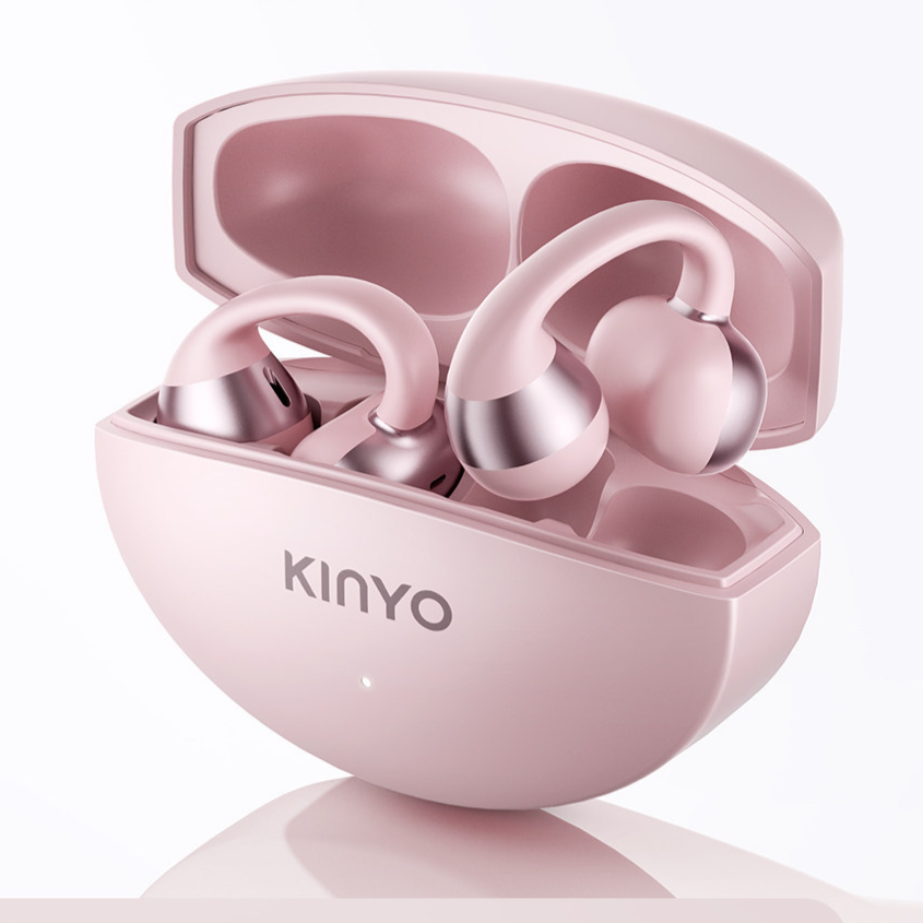 Sakura pink open ear clip earphones in their open charging case with a KINYO logo