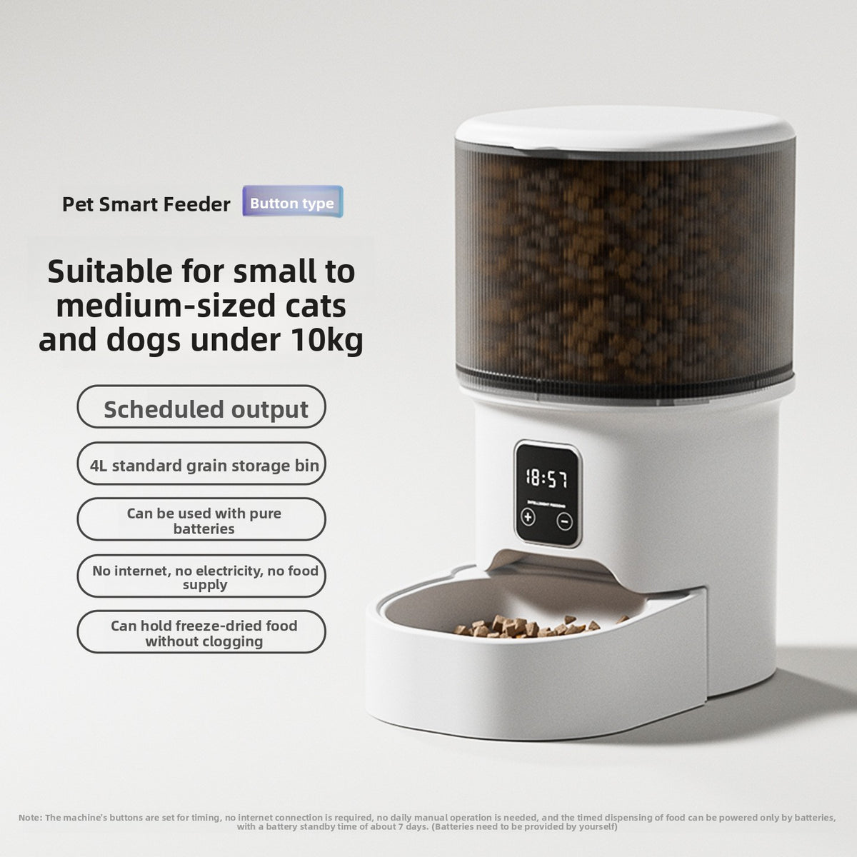 Pet feeder with clear bin and feeding tray viewed from the front