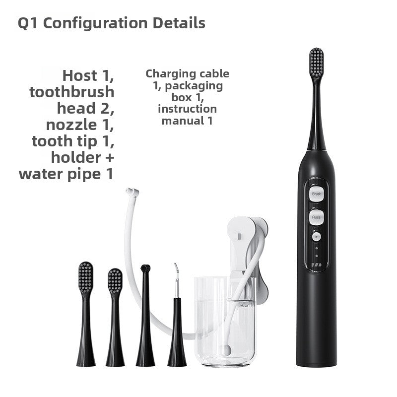 Black electric flosser handle shown with brush heads, floss nozzle, water pipe and clear cup