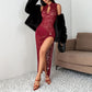 Wine red sheer lace maxi dress, keyhole collar, ruched hip panel and high slit (size XXL option)