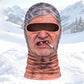 Printed elder face balaclava Elder2 with grey hair, missing tooth and cigarette on a snowy mountain backdrop