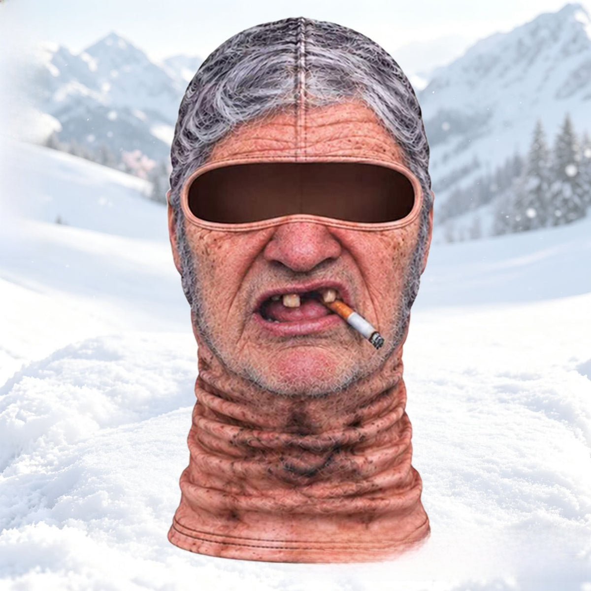 Printed elder face balaclava Elder2 with grey hair, missing tooth and cigarette on a snowy mountain backdrop