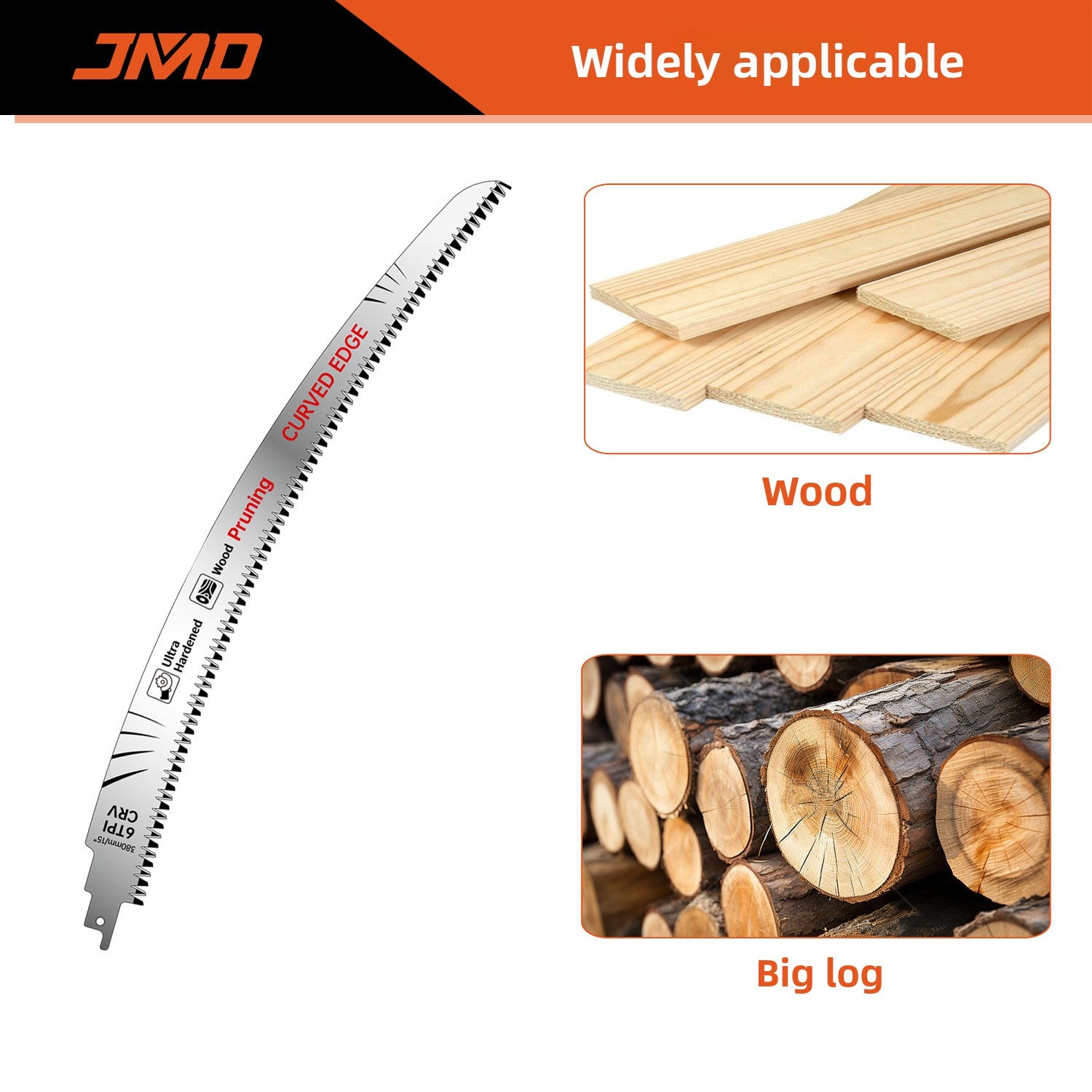 Curved silver saw blade beside photos of pine planks and stacked logs, widely applicable to wood