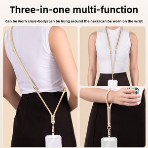 Model wearing the phone lanyard crossbody, around the neck and on the wrist